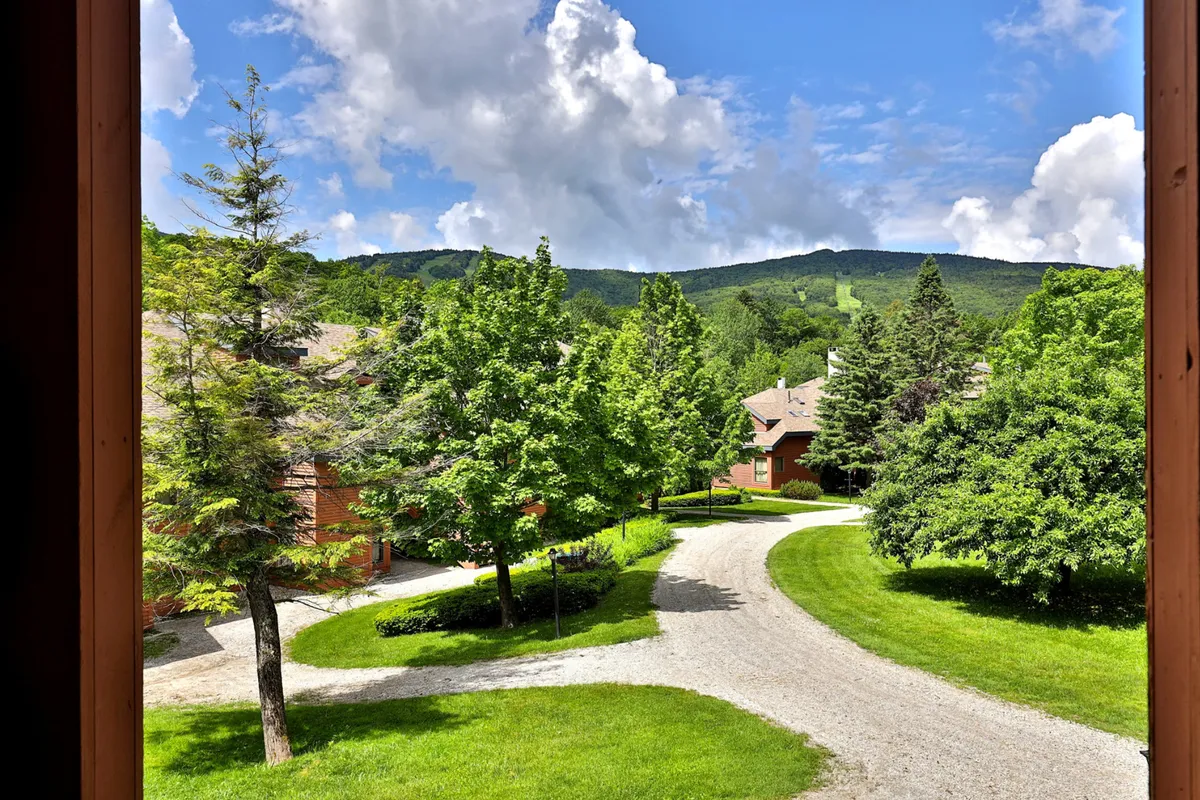 This image showcases a curving gravel path through lush green trees, with a mountain backdrop beneath a cloudy blue sky. The scene suggests opportunities for walking, biking, and nature observation right outside the door.