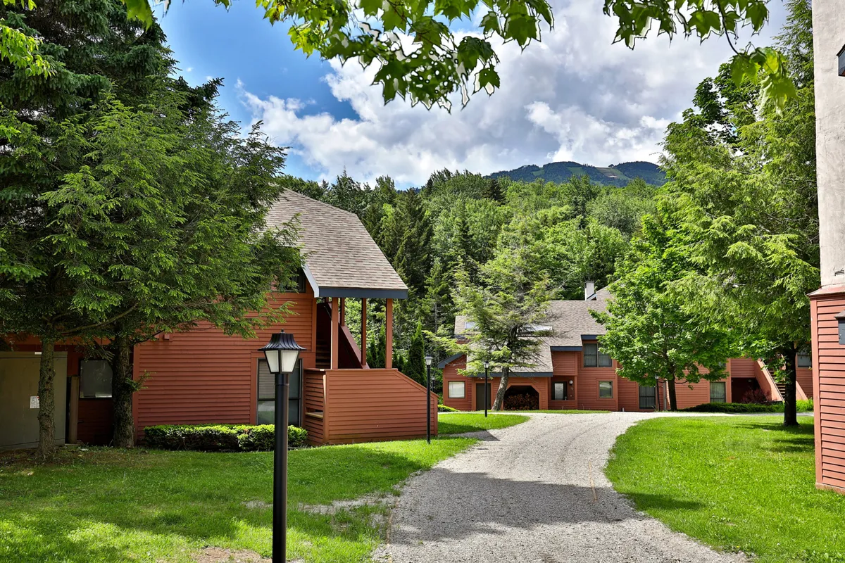 A row of classic red wooden cabins is nestled amid tall green trees, with a well-kept gravel pathway leading toward distant mountain slopes. The scene is bathed in soft sunlight, hinting at the crispness of mountain air and proximity to outdoor adventures.